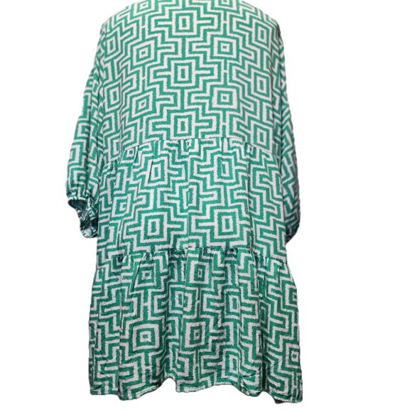 Ruby Rd. dress Women's XL Green white trellis print Split neck 3/4 puff sleeves - Picture 13 of 16